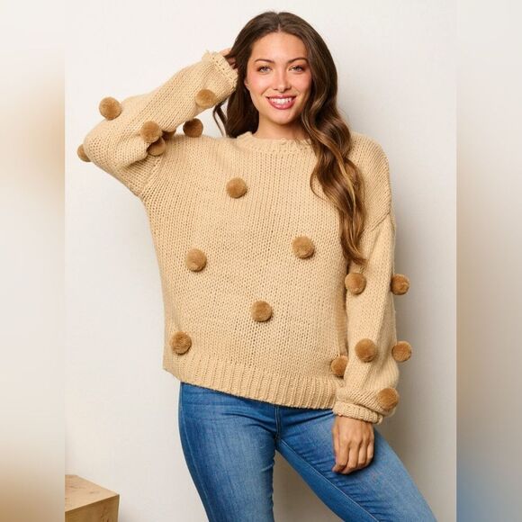 Cute Trendy LONG SLEEVE POM POM'S DETAILED PULLOVER SWEATER - Picture 1 of 3